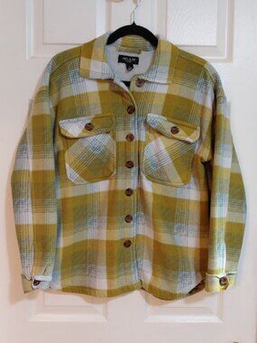 Women’s Helium London Blue & Green Fleece Raw Hem Button Up Long Sleeve Shirt S